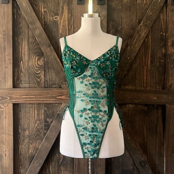 Mesh Sheer Lace-Up Embroidered Teddy Lingerie Snap Crotch Bodysuit - Picture 3 of 14